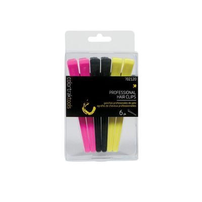 Colortrak Duckbill Clips, Tapered Tip Ideal for Sectioning, Strong Tension Springs, Long Grips for Easy Handling, Holds All Lengths of Hair, Pink/Black/Yellow, 6 Count