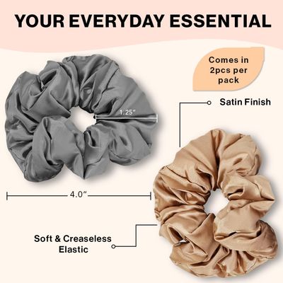 Kitsch Silk Scrunchies for Women - Satin Scrunchies for All Hair Types and Textures, No Crease Hair Ties for Girls, Perfect for Day or Night - 2 Pcs, Charcoal and Gold