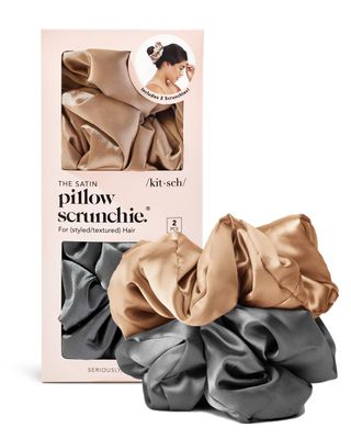 Kitsch Silk Scrunchies for Women - Satin Scrunchies for All Hair Types and Textures, No Crease Hair Ties for Girls, Perfect for Day or Night - 2 Pcs, Charcoal and Gold