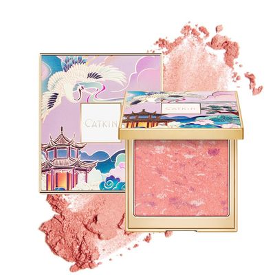 CATKIN Powder Blush for Cheek Blusher Natural Shimmering Blush &amp; Highlight 2 in 1 Creamy Blendable Baked Blush Palette 10g C02 Lovely Cheek