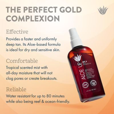 Aloe Up Light Tanning Oil With SPF 6 Sunscreen - Body and Face Tanning Oil for Outdoor Sun - With Pure Aloe Vera Oil and Natural Oils - Absorbs Quickly - Reef Friendly - Fresh Tropical Scent - 4 Oz