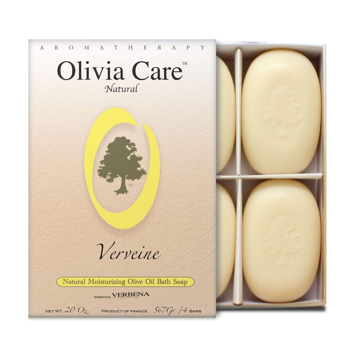 Olivia Care Bath &amp; Body Bar Verbena Soap 4 Pack Gift Box Organic, Vegan &amp; Natural Contains Olive Oil Repairs, Hydrates, Moisturizes &amp; Deep Cleans Good for Sensitive Dry Skin Made in USA