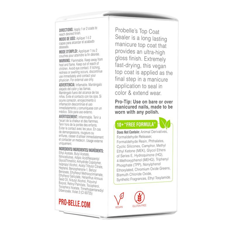 Probelle Top Coat Sealer, Quick Dry Nail Polish Top Coat, High Shine Glossy Nail Finish, Instantly Forms Clear Barrier For Enamel Protection, Fast Dry Manicure, Long Lasting Results, 0.5 fl oz/ 15 mL