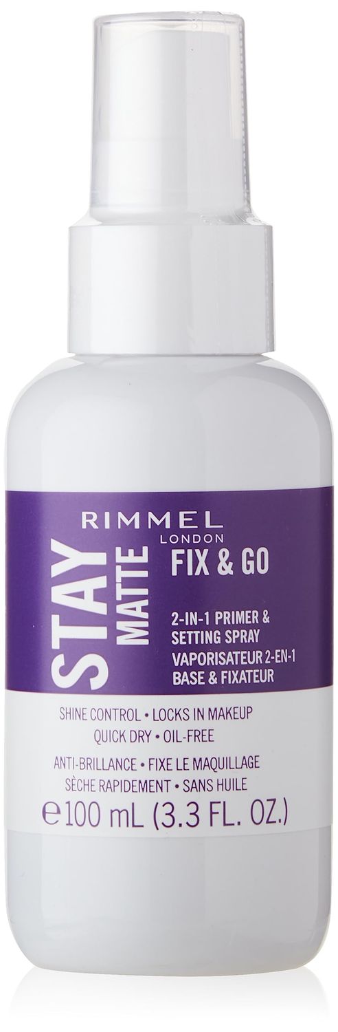 Rimmel London Stay Matte Fix &amp; Go - 001 Transparent - 2-in-1 Primer &amp; Setting Spray, Oil-Free, Locks Makeup into Place, Soothes Skin, 3.3 oz