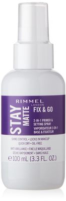 Rimmel London Stay Matte Fix &amp; Go - 001 Transparent - 2-in-1 Primer &amp; Setting Spray, Oil-Free, Locks Makeup into Place, Soothes Skin, 3.3 oz