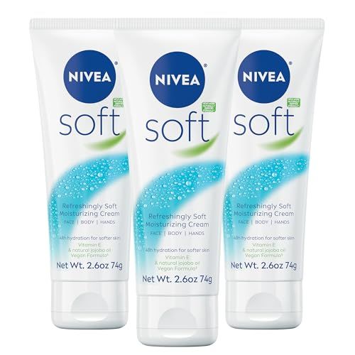 NIVEA Soft Refreshingly Soft Moisturizing Cream, Lightweight Body Moisturizer for Face, Body and Hands, Body Cream Enriched with Jojoba Oil and Vitamin E, 2.6 Oz Tube, Pack of 3