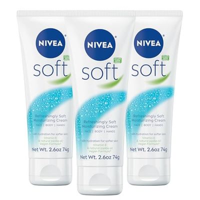 NIVEA Soft Refreshingly Soft Moisturizing Cream, Lightweight Body Moisturizer for Face, Body and Hands, Body Cream Enriched with Jojoba Oil and Vitamin E, 2.6 Oz Tube, Pack of 3