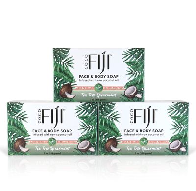 &quot;Coco Fiji Soap Bar for Face and Body Infused With Organic Coconut Oil, Tea Tree Spearmint Essential Oil, Natural Soap for Moisturizing &amp; Pore Purifying Skin, 7 oz, Pack Of 3 &quot;