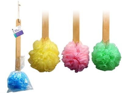 4pk 15&quot; Long Wooden Handle Back Scrubber Bath Shower Mesh Sponge Exfoliating Body Brush Wash Nylon Puff Spa