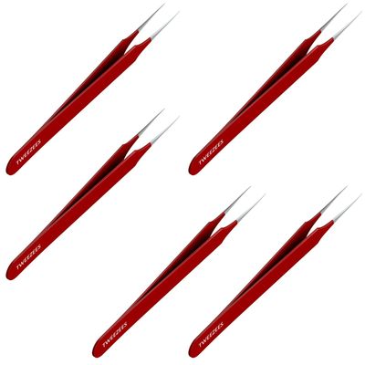 Ingrown Hair Tweezers | Pointed Tip | Red | 5 Pack | Precision Stainless Steel | Extra Sharp and Perfectly Aligned for Ingrown Hair Treatment &amp; Splinter Removal For Men and Women | By Tweezees