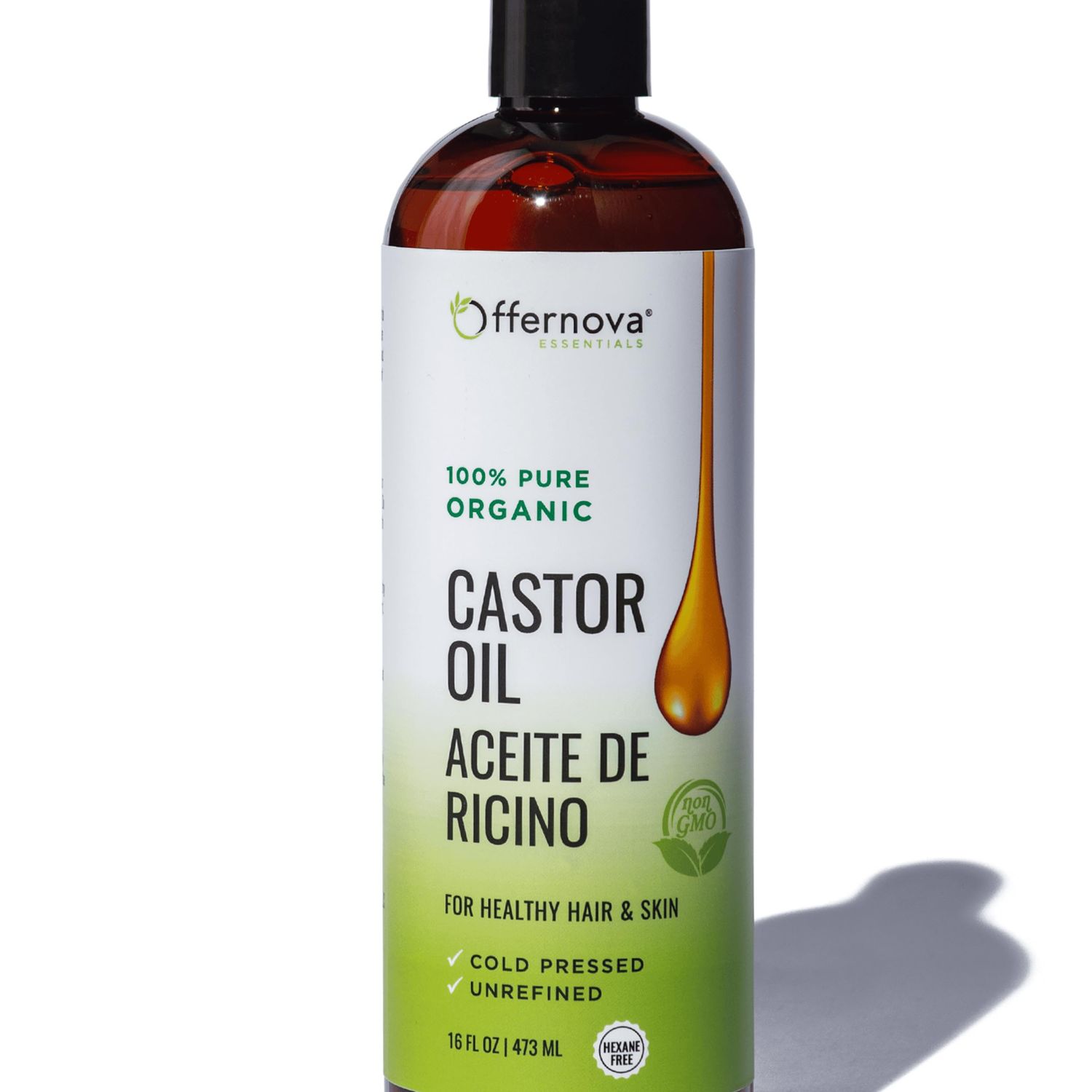 Offernova Castor Oil 16 OZ- Aceite de Ricino - Cold Pressed 100% Pure, Certified Organic, Hexane Free for Eyelashes, Eyebrows, Frizzy, Hair Growth Women and Men, Beard Growth