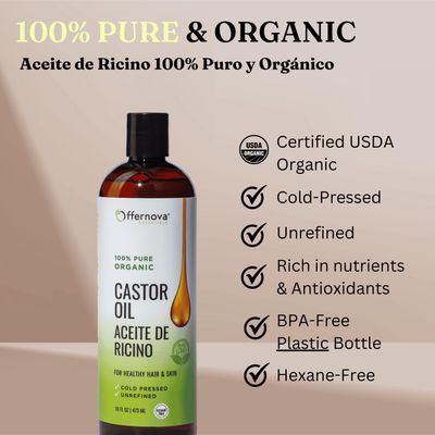 Offernova Castor Oil 16 OZ- Aceite de Ricino - Cold Pressed 100% Pure, Certified Organic, Hexane Free for Eyelashes, Eyebrows, Frizzy, Hair Growth Women and Men, Beard Growth