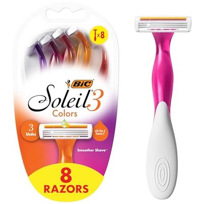 BIC Soleil Smooth Colors Women&#39;s Disposable Razors With Vitamin E Lubricating Strip for Enhanced Glide, With 3 Blades, 8 Count, Great Stocking Stuffer