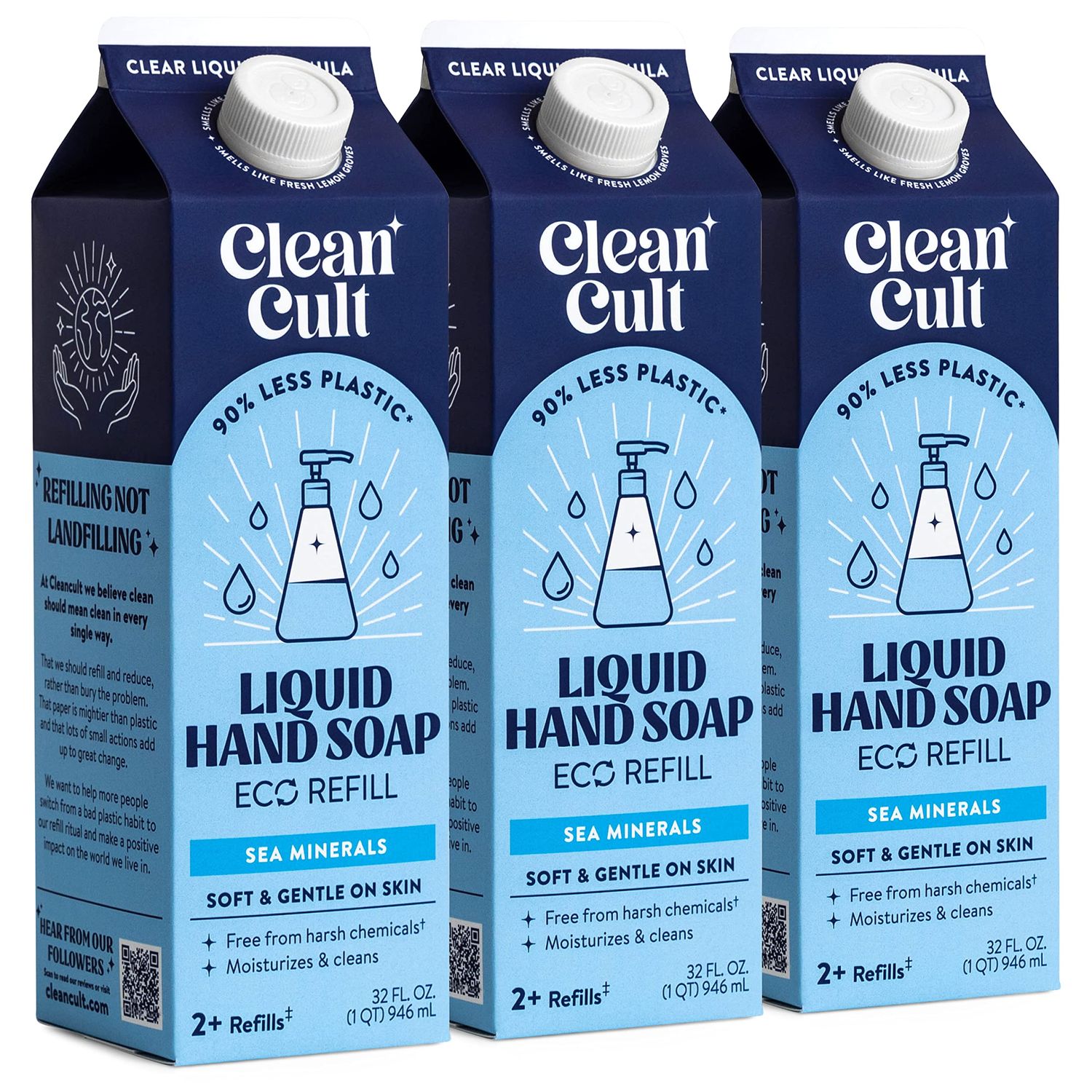 Cleancult - Liquid Hand Soap Refills - Sea Minerals - Gentle On Sensitive Skin - Made with Aloe Vera &amp; Essential Oils - Eco Friendly - Paper-Based Packaging - 32 oz/3 Pack