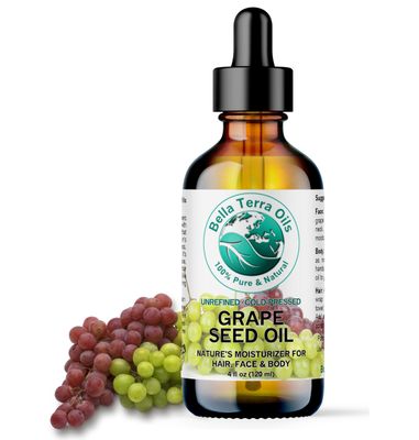 Bella Terra Oils - Organic Grape Seed Oil 4 oz - Embrace the Richness of Polyphenols &amp; Flavonoids, Infused with Oleic Acid, For a Silky-Smooth Skin Finish