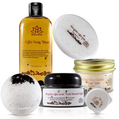 Bath and Spa Gift Set &quot;Coffee Love&quot;- Relaxation and Moisturizing Coffee Brown Sugar Scrub, Bath Bomb, Coffee Candle, Bath Body Wash, Shea Butter Soap and Lip Balm - Handmade in USA