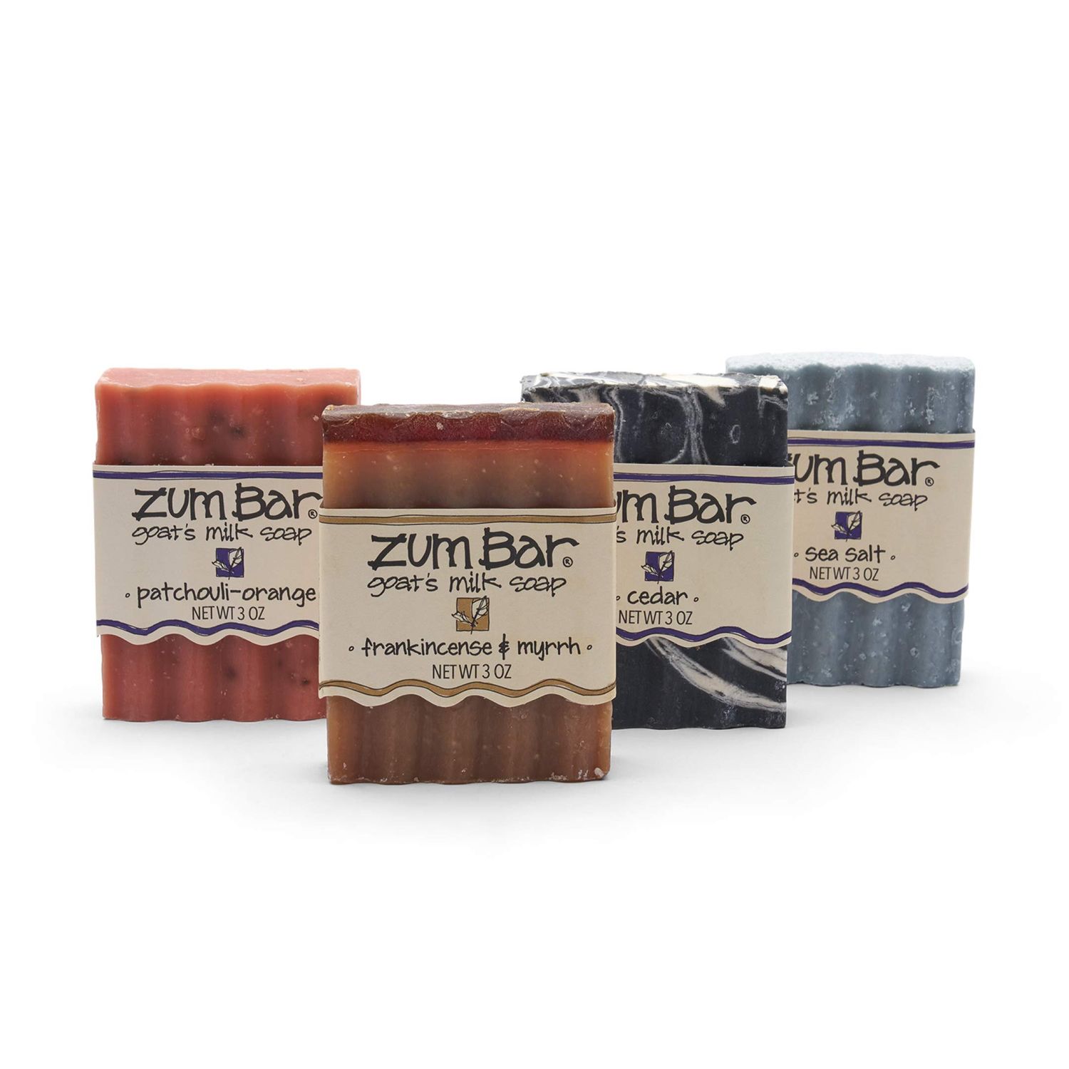 Zum Bar Goat&#39;s Milk Soap - Earth and Sea Blends - Frankincense and Myrrh, Sea Salt, Patchouli-Orange, Cedar - 3 oz (4 Pack)