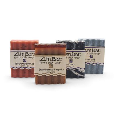 Zum Bar Goat&#39;s Milk Soap - Earth and Sea Blends - Frankincense and Myrrh, Sea Salt, Patchouli-Orange, Cedar - 3 oz (4 Pack)