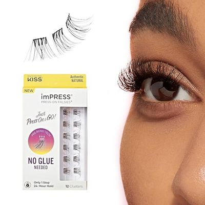 KISS imPRESS False Eyelashes, Lash Clusters, Falsies, Authentic Natural&#39;, 12mm-14mm, Includes 12 pieces of pre-bonded lashes, Contact Lens Friendly, Easy to Apply, Reusable Strip Lashes