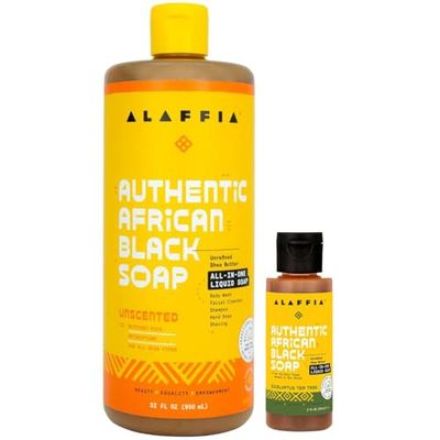 Alaffia Authentic African Black Soap Variety 2-Pack - All-In-One Liquid Soap, Travel-Size Eucalyptus Tea Tree + Full-Size Unscented Body Wash, Face Wash, Shampoo, Shaving Soap