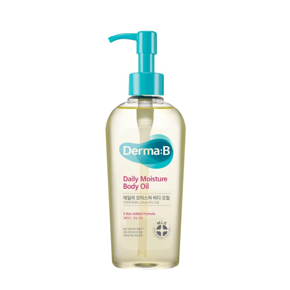 Derma B Daily Moisture Body Oil, 99% Naturally Derived Argan &amp; Sweet Almond Oil for Dry Sensitive Skin, Light-Weighted Long-Lasting Moisturizing, Relaxing Massage Oil with Peach Scent,6.78 Fl Oz 200ml