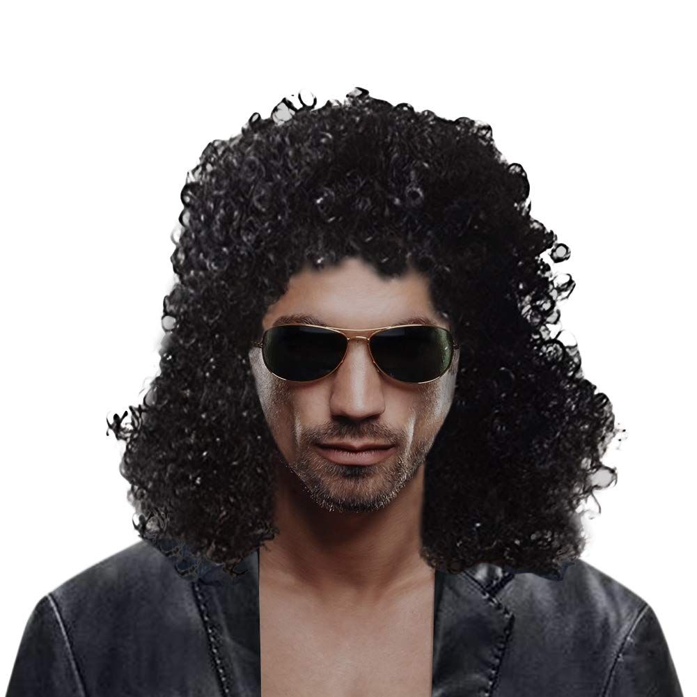 Cexin Men&#39;s Rocker Wig 70s 80s Men&#39;s Party Fancy Dress Halloween Wig Long Curly Black Mullet Rockstar Wig Fashion Smart Rocker Style Wigs Costume Hair Accessory Anime wig Beard stickers