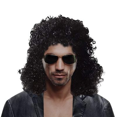 Cexin Men&#39;s Rocker Wig 70s 80s Men&#39;s Party Fancy Dress Halloween Wig Long Curly Black Mullet Rockstar Wig Fashion Smart Rocker Style Wigs Costume Hair Accessory Anime wig Beard stickers