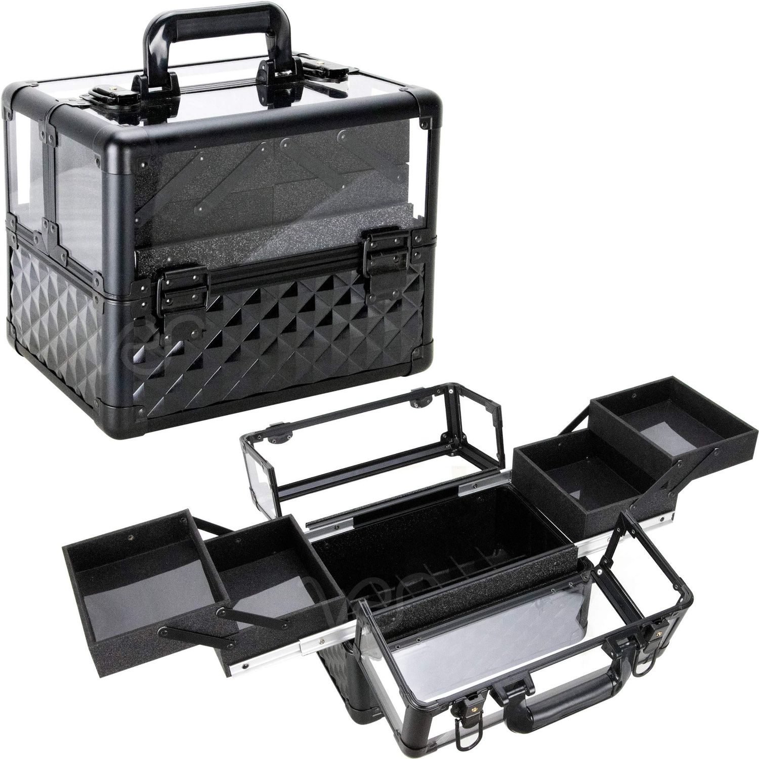 Ver Beauty Armored Acrylic Makeup Case Jewelry Portable Travel Organizer with 4 Extendable Trays Clear Cover Micro-Fiber Cloth Brush Holders Keylocks - vp017, Black Diamond, 3.8mm