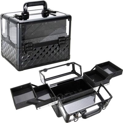 Ver Beauty Armored Acrylic Makeup Case Jewelry Portable Travel Organizer with 4 Extendable Trays Clear Cover Micro-Fiber Cloth Brush Holders Keylocks - vp017, Black Diamond, 3.8mm
