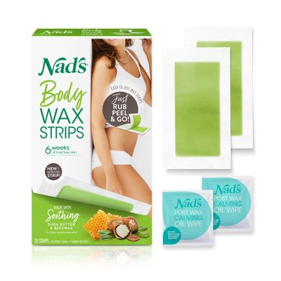 Nad&#39;s Body Wax Strips Hair Removal For Women All Skin Types, 20 Waxing Strips + 4 Calming Oil Wipes