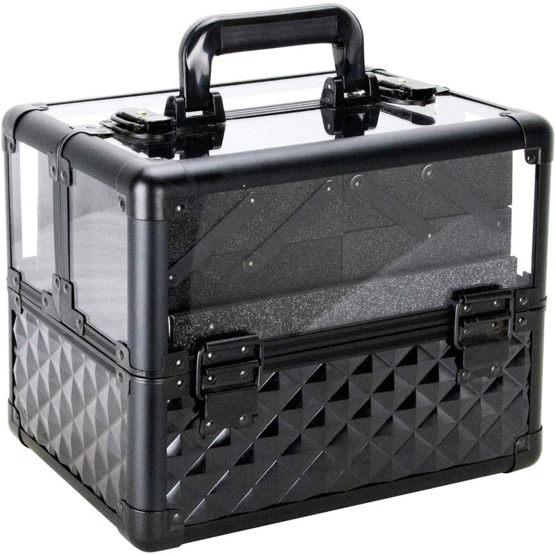 Ver Beauty Armored Acrylic Makeup Case Jewelry Portable Travel Organizer with 4 Extendable Trays Clear Cover Micro-Fiber Cloth Brush Holders Keylocks - vp017, Black Diamond, 3.8mm
