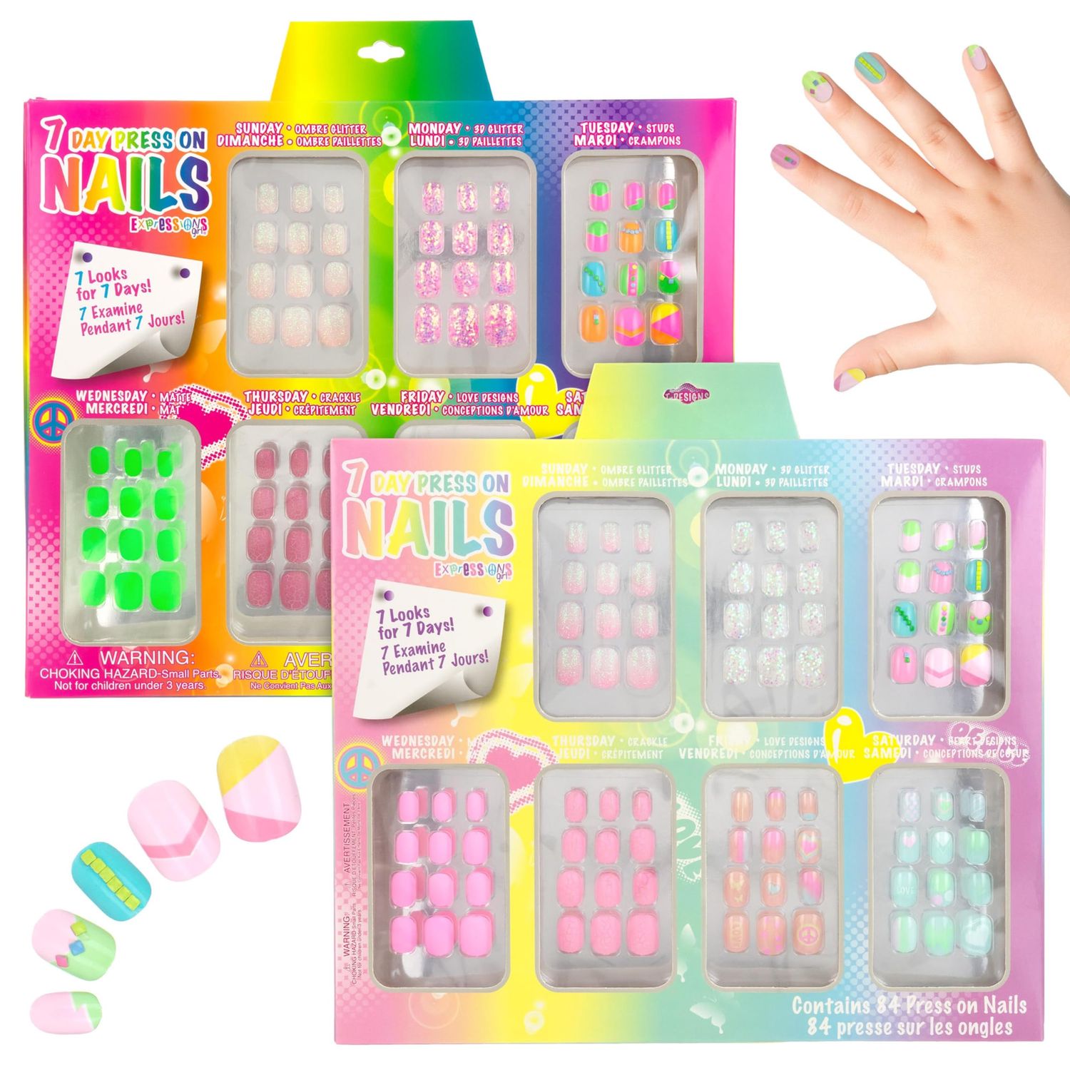 Expressions Girl 7 Day Manicure Collection - 84PC Press On Nail Set, Day-of-The-Week Adhesive False Nails for Girls (Set of Brights or Pastels) - Colorful Novelty Designs Stick On Nails for Kids