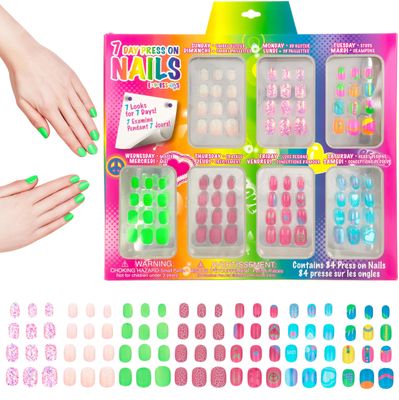 Expressions Girl 7 Day Manicure Collection - 84PC Press On Nail Set, Day-of-The-Week Adhesive False Nails for Girls (Set of Brights or Pastels) - Colorful Novelty Designs Stick On Nails for Kids