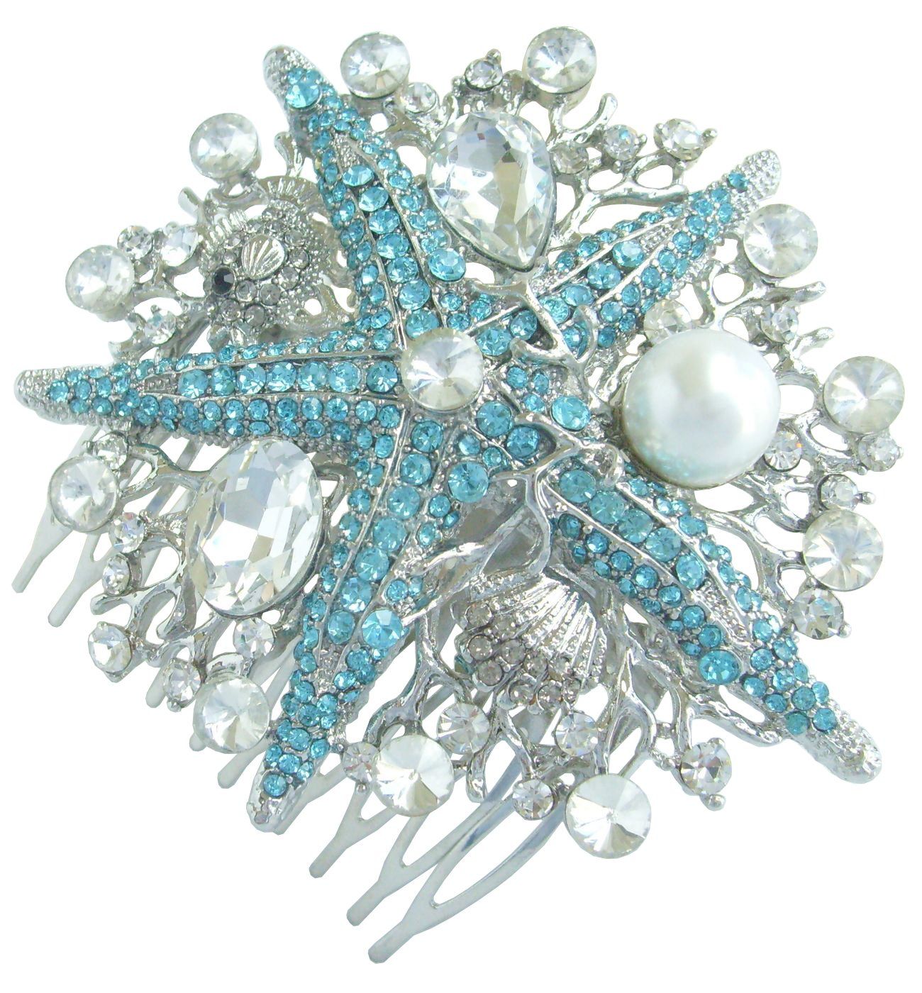 Sindary Wedding Headpiece 3.15&quot; Rhinestone Crystal Pearl Bridal Starfish Hair Comb HZ6412 (Silver-Tone Blue)