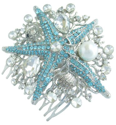 Sindary Wedding Headpiece 3.15&quot; Rhinestone Crystal Pearl Bridal Starfish Hair Comb HZ6412 (Silver-Tone Blue)