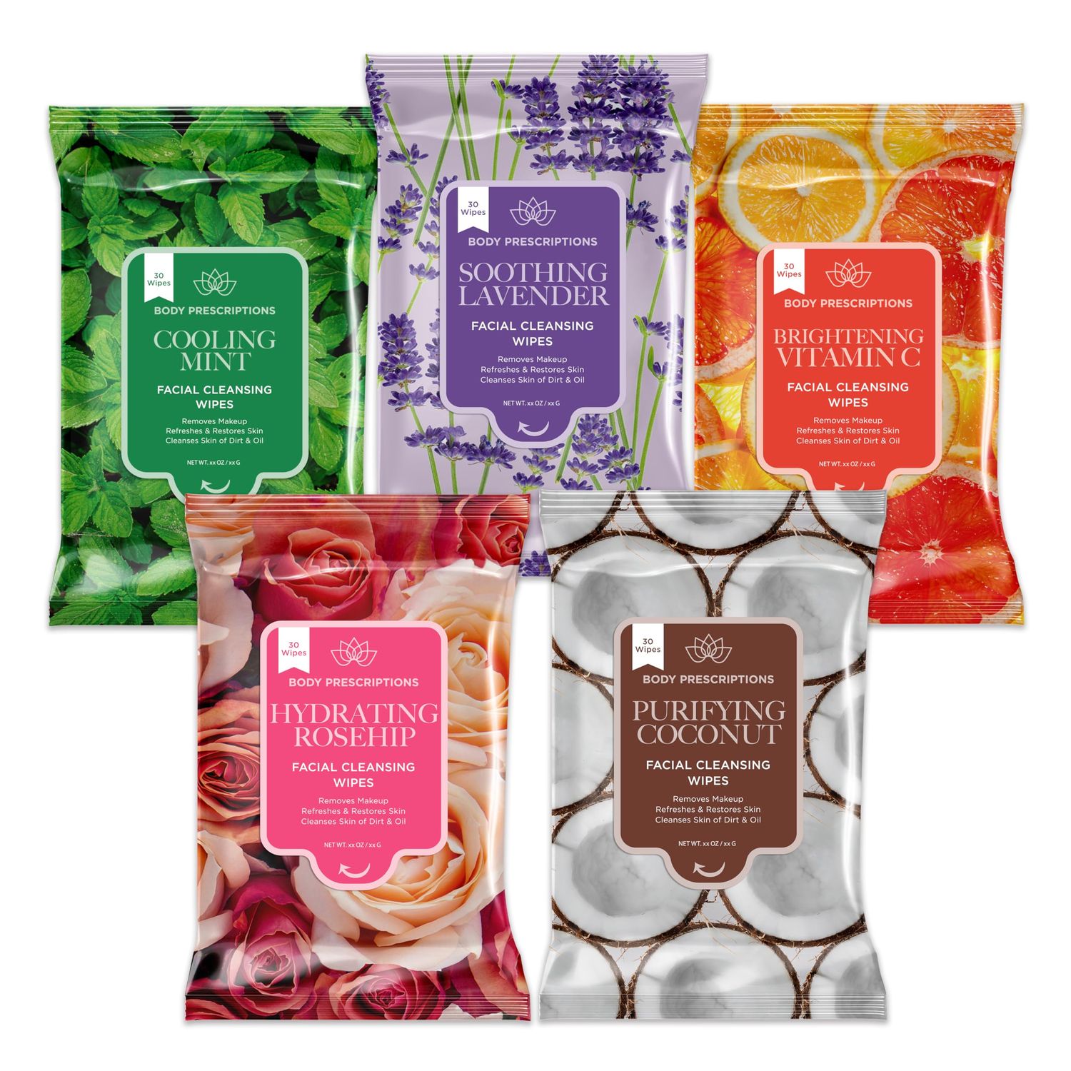 Body Prescriptions Makeup Remover Wipes - Bulk Pack, Gentle Cleansing Wipes for Easy Makeup Removal, Mint, Rosehip, Vitamin C, Lavender &amp; Coconut