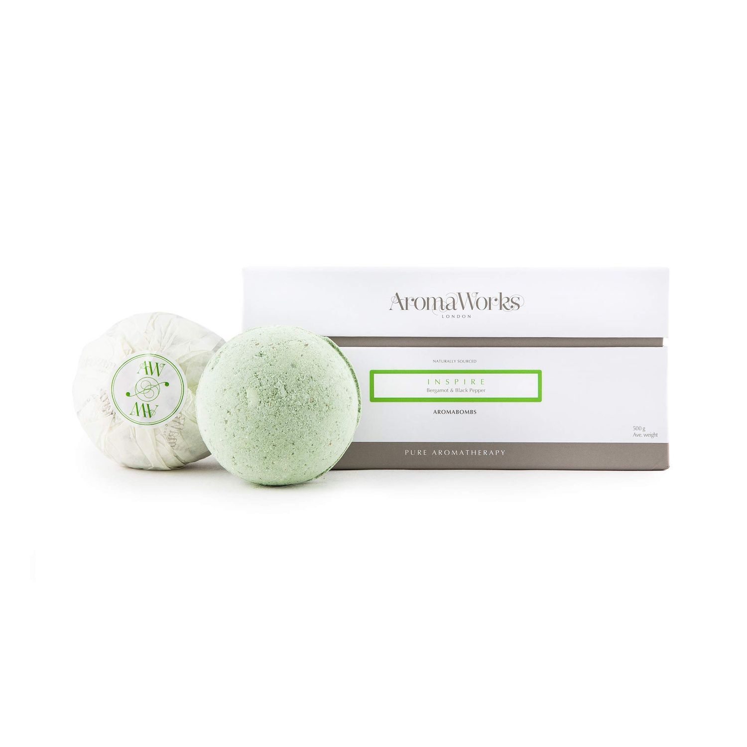 AromaWorks London Inspire Aromabomb Duo - Combat Mental Fatigue - Bath Bombs with A Warm Aroma - Key Ingredients of Black Pepper, Mandarin and Lime - Vegan - Paraben Free - 2 Pc