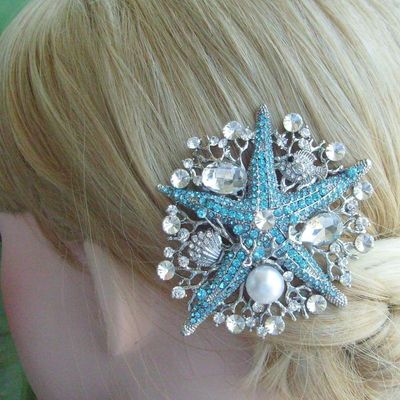 Sindary Wedding Headpiece 3.15" Rhinestone Crystal Pearl Bridal Starfish Hair Comb HZ6412 (Silver-Tone Blue)