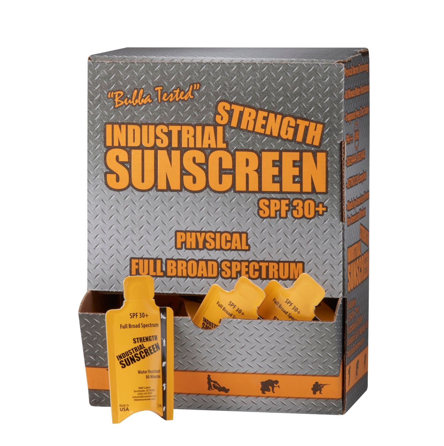 I.C. Industrial Sunscreen Mineral Based SPF 36 Physical Zinc Protection Full Broad Spectrum, 80 Minute Sweat &amp; Water Resistant, Rubs in Clear,. USA Packet Box of 100 (ICSSP-30+FF-100)