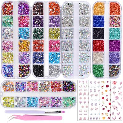 editTime 5 Boxes Shiny Colorful Nail Art Rhinestones Kit 3D Flatback Horse Eye Rhinestones Irregular Nail Stone and 4 Sheets Flower Nail Stickers with a Curved Tweezers and a Nail Brush (multicolor)