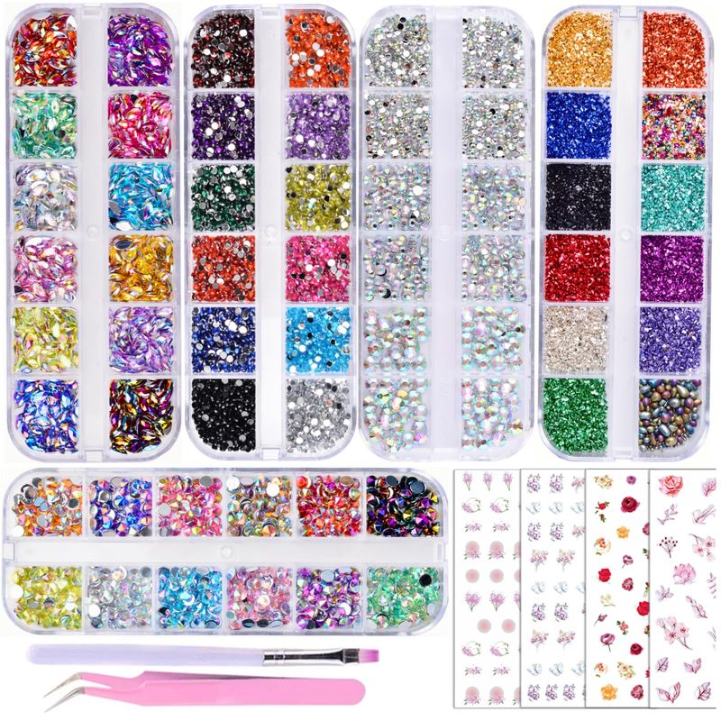 editTime 5 Boxes Shiny Colorful Nail Art Rhinestones Kit 3D Flatback Horse Eye Rhinestones Irregular Nail Stone and 4 Sheets Flower Nail Stickers with a Curved Tweezers and a Nail Brush (multicolor)