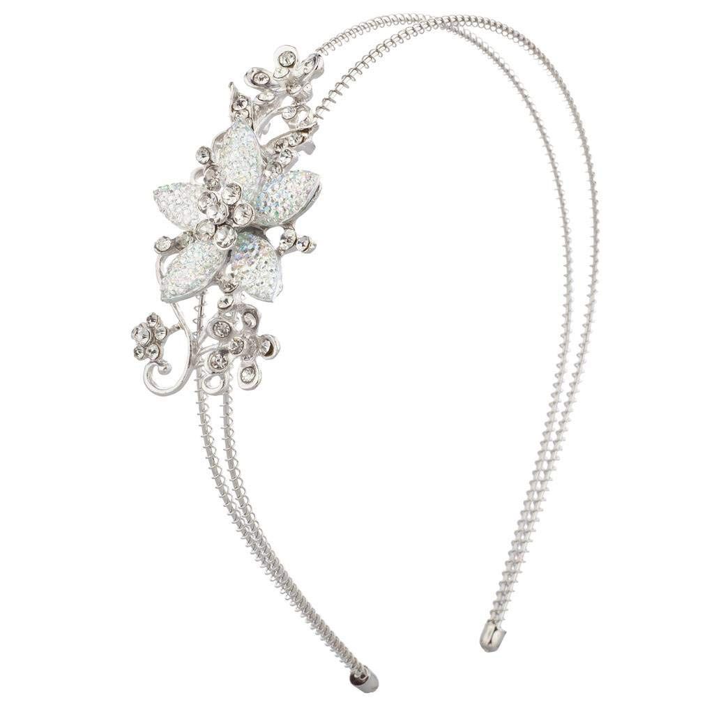 LUX ACCESSORIES Silvertone Glitter Flower Crystal Rhinestone Coil Headband