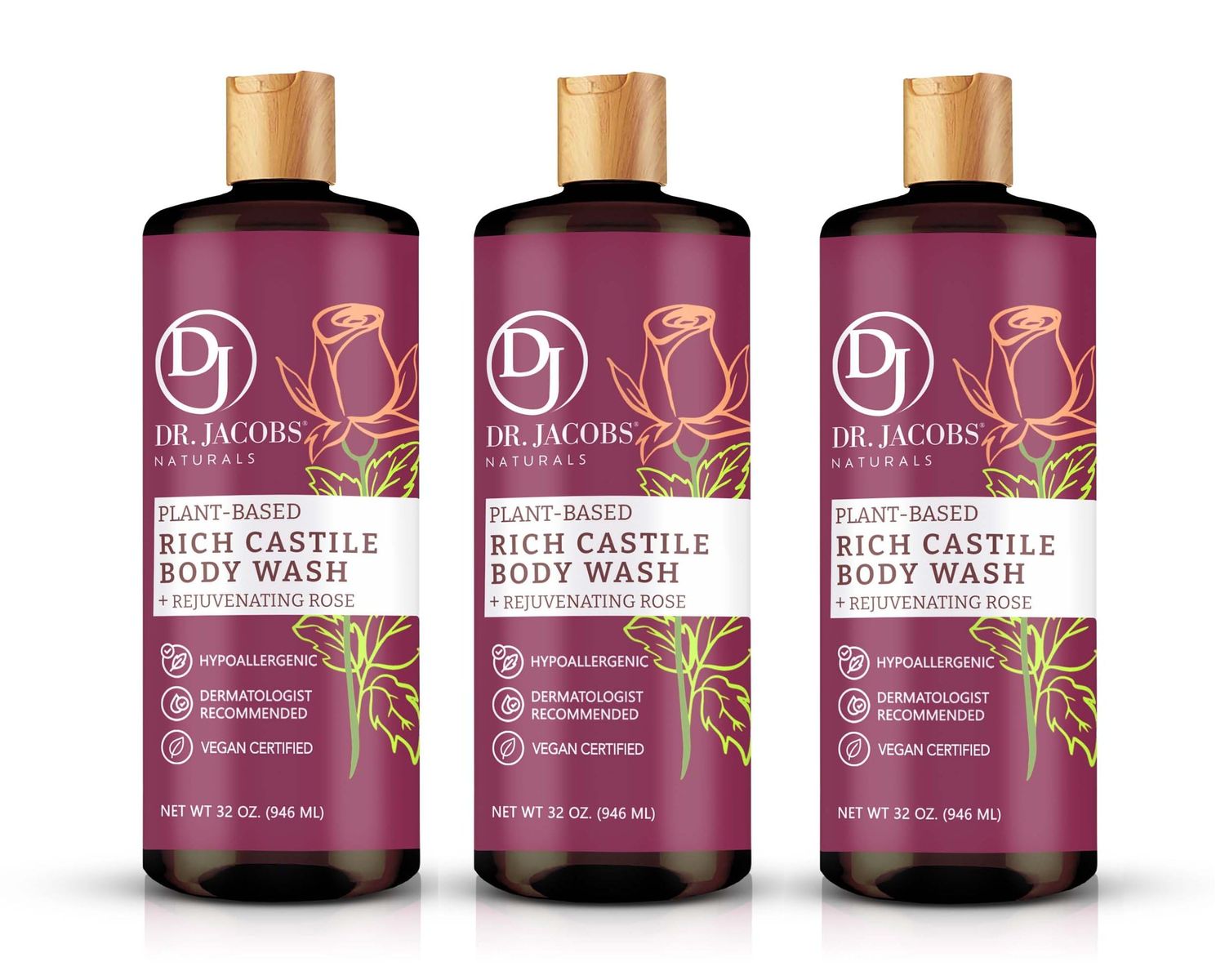 DR. JACOBS NATURALS Castile Rose All-Natural Body Wash for Moisturizing Dry and Sensitive Skin Shampoo with Plant-Based Ingredients Gluten, Preservatives-Free Formula - 32 oz, Pack of 3