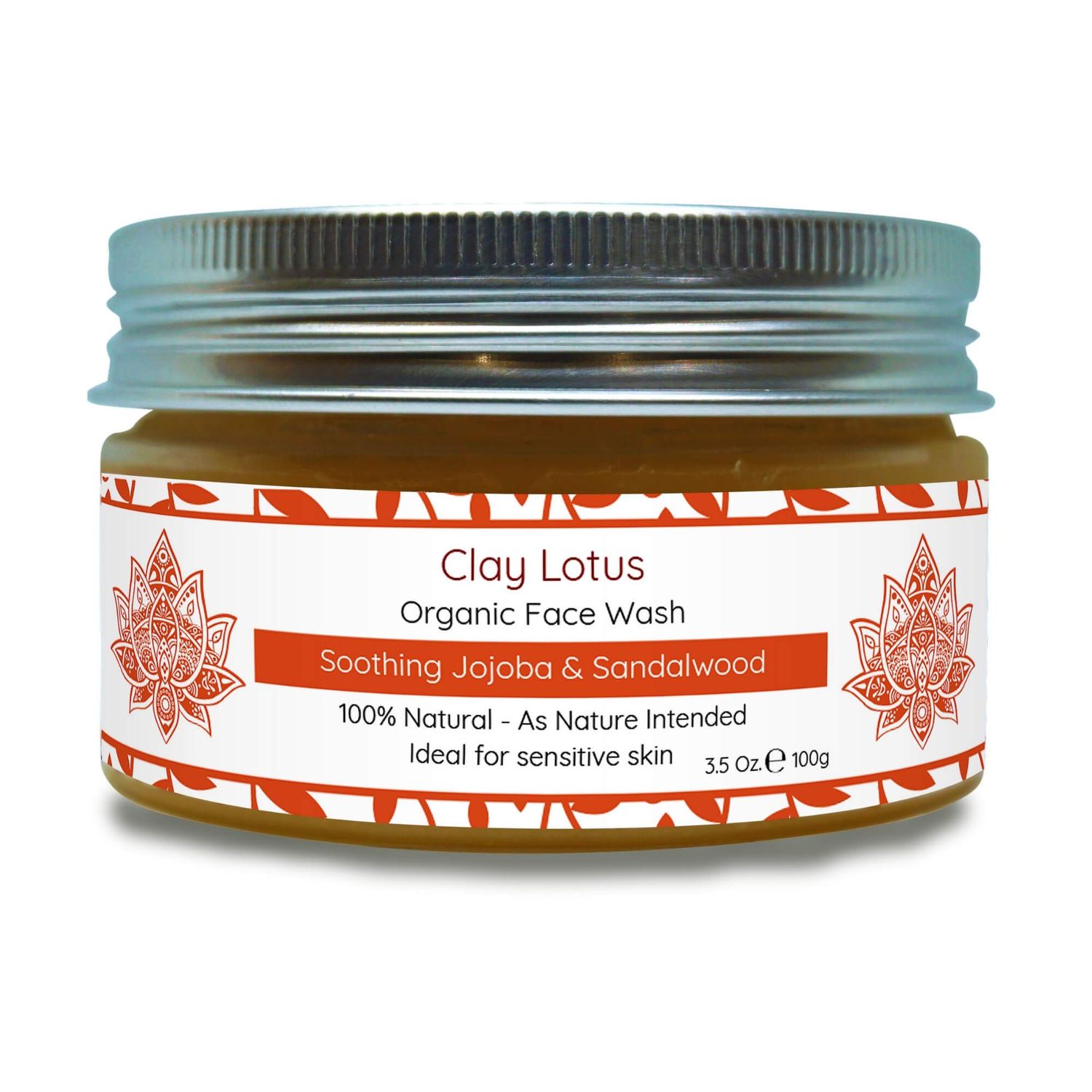 Clay Lotus Organic Face Wash - Gentle Cleanser for Sensitive Skin with Jojoba &amp; Sandalwood. 100% Natural, Soothing, Hydrating, and Brightening. Non-Drying, Vegan Formula for Women &amp; Men