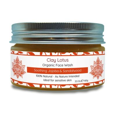 Clay Lotus Organic Face Wash - Gentle Cleanser for Sensitive Skin with Jojoba &amp; Sandalwood. 100% Natural, Soothing, Hydrating, and Brightening. Non-Drying, Vegan Formula for Women &amp; Men