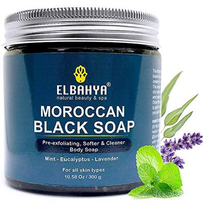 Elbahya 2 in 1 Pack Moroccan Black Soap &amp; Exfoliating Mitt Glove, With Olive, Peppermint &amp; Eucalyptus Essential Oil 10.58 oz / 300g