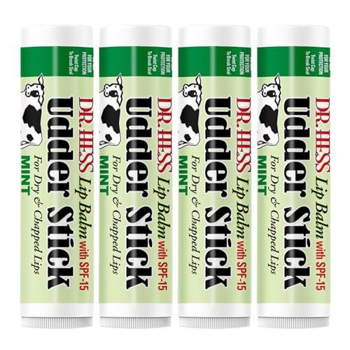 Dr. Hess Original Udder Stick SPF Lip Balm, Soothing Moisturizer Sun Screen Balm for Dry Lips with Jojoba, Beeswax &amp; Shea Butter, Total Lip Care, Hydration &amp; Repair, Mint Flavor, 4 Pack