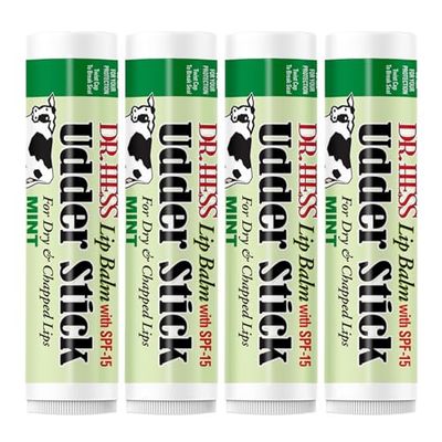 Dr. Hess Original Udder Stick SPF Lip Balm, Soothing Moisturizer Sun Screen Balm for Dry Lips with Jojoba, Beeswax &amp; Shea Butter, Total Lip Care, Hydration &amp; Repair, Mint Flavor, 4 Pack