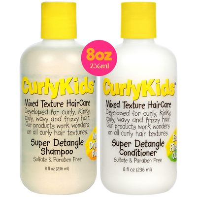 CurlyKids Super Detangle Kids Shampoo &amp; Conditioner Set, Frizz-Free Care for Curly, Kinky, Wavy, and Frizzy Hair - Sulfate &amp; Paraben-Free Hair Care