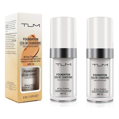 30ml Tlm Foundation Color Changing, TLM Colour Changing Foundation Makeup, BB Cream Base Nude Face Liquid Concealer Cover, Flawless Colour Changing Warm Skin Tone (2PACK)